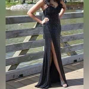 Strapless Black Sequins Gown with Slit